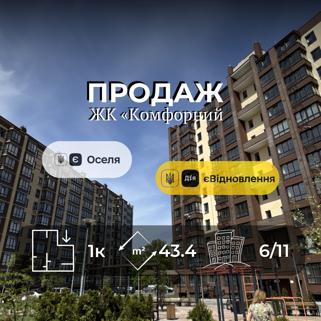 Однокімнатна квартира , 43,4 м2, ЖК "Комфортний" р-н Масани, єОселя, єВідновлення. Фото 1