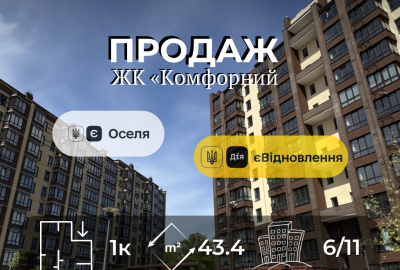 Однокімнатна квартира , 43,4 м2, ЖК "Комфортний" р-н Масани, єОселя, єВідновлення